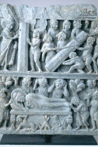 Two Scenes from the Life of Buddha, 2nd–3rd century, stone, 16 x 14 inches (detail). Gandharan (northeastern Pakistan and southern Afghanistan)