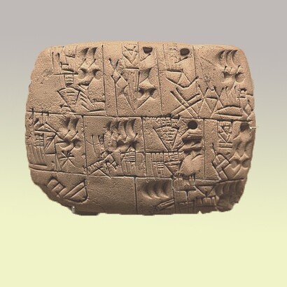 Pittogrammi che registrano la distribuzione della birra. Probabilmente proveniente dall'Iraq meridionale Periodo tardo preistorico, circa 3100-3000 a.C., British Museum, Londra, UK