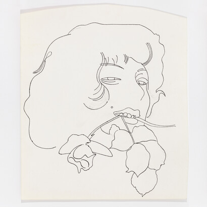 Andy Warhol, Female Head with Rose In Mouth, c. 1957
Ink and graphite on scrap paper, 8 1/8 x 7 inches (paper) (20.6 x 17.8 cm). © The Andy Warhol Foundation for the Visual Arts, Inc. Courtesy Anton Kern Gallery, New York