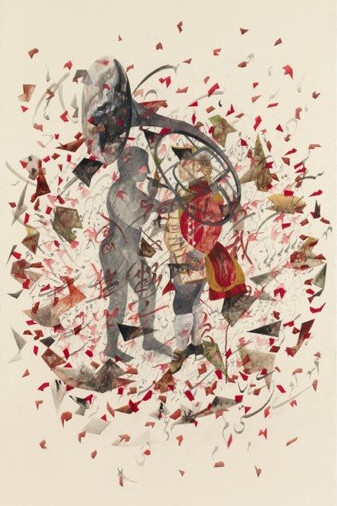 Shahzia Sikander, Confrontation, 2011, Ink, gouache on hand prepared paper, 152.4 x 228.6 cm framed,
Courtesy the artist and Pilar Corrias Gallery  
