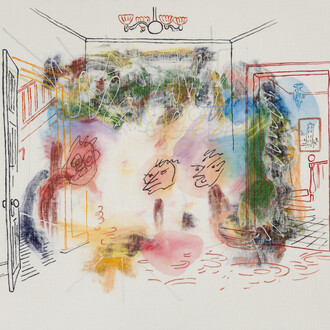 Andy Cahill, For heaven's sake, can't you do anything right?, 2014, acrylic and crayon on linen, 44x53 inches. Courtesy of Selenas Mountain