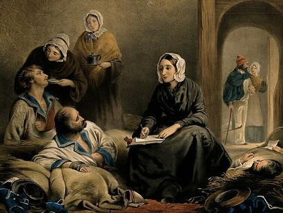 A colored lithograph of Florence Nightingale, the pioneering nurse and founder of modern nursing, vividly captures her in a moment of contemplation, symbolizing her profound influence on healthcare and hospital design through her commitment to hygiene and patient care