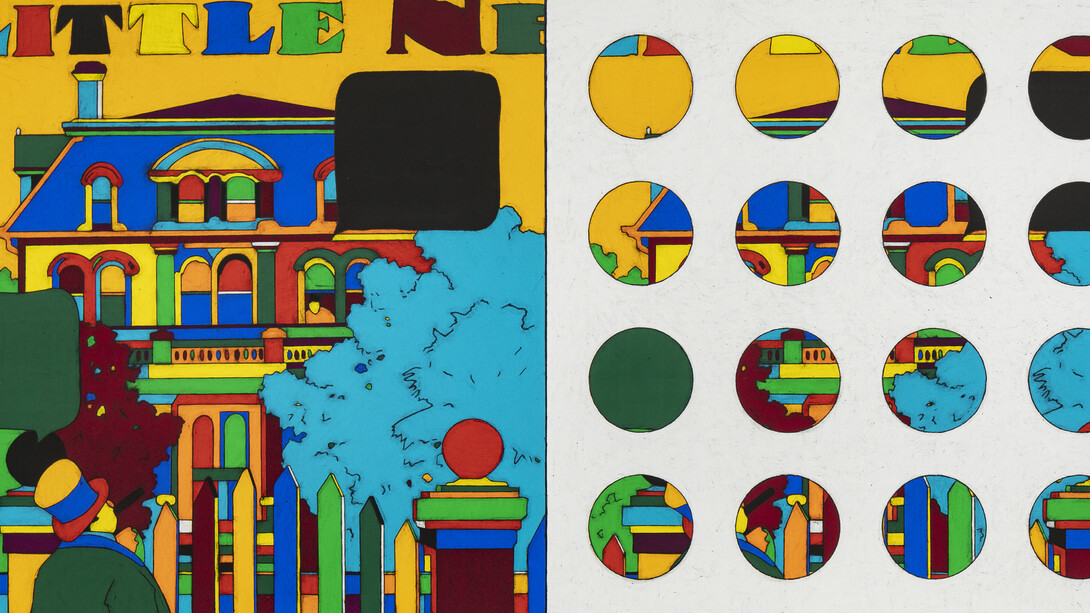 Matt Mullican, Untitled (Sunday, August 9, 1908 #1), acrylic gouache and oil stick rubbing on canvas,
in two parts, overall: 78 7/8x157 3/4 inches, each: 78 7/8x78 7/8 inches (detail). Courtesy of Peter Freeman, Inc., New York