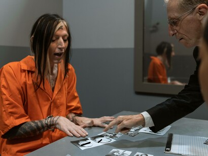 Woman in a jump suit responding to police