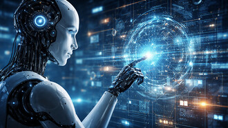 Futuristic humanoid AI analyzing complex data patterns, symbolizing the performative nature of machine intelligence