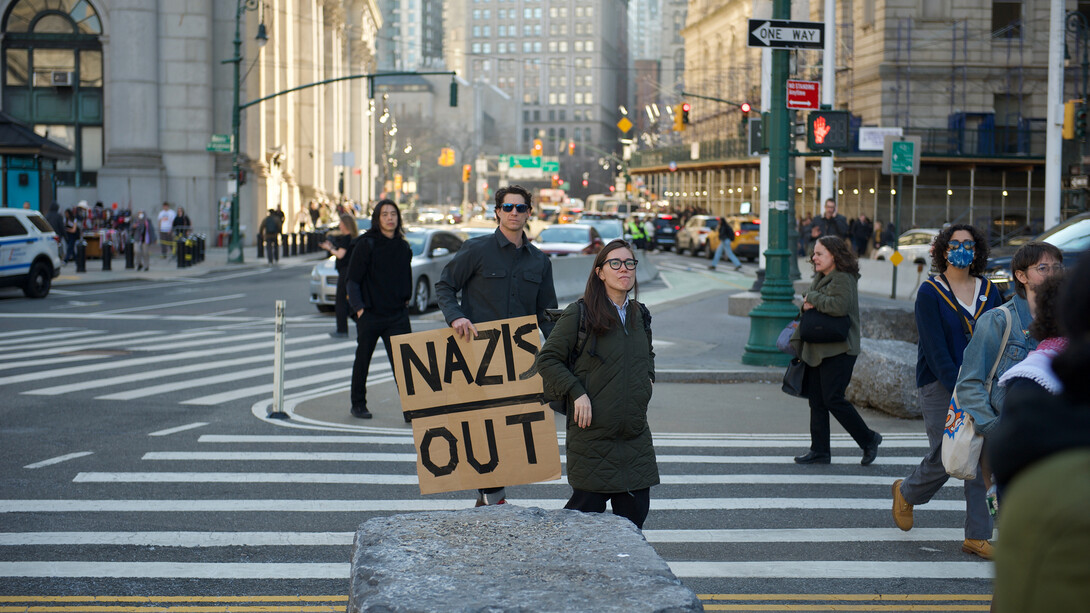 Protests in Thomas Paine Park against the detention of Palestinian activist and Columbia University student Mahmoud Khalil, 2025, New York, NY, USA