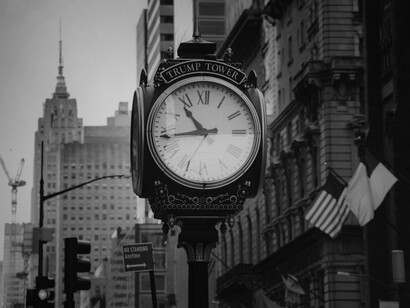Trump Tower clock and the Manhattan background, New York, USA