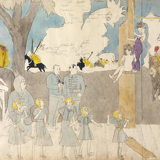 Henry Darger, At Wickey San Rinia – They are captured …, entre 1950 et 1960, gouache, mine de plomb et encre sur papier, 48 x 128 cm. Collection abcd
