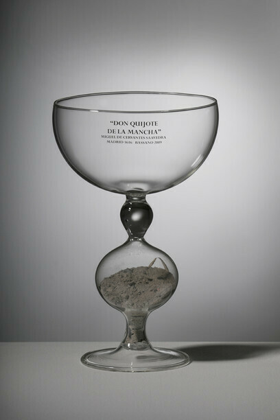Antonio Riello, Ashes to Ashes, Don Chisciotte, 2009, borosilicated glass and book ashes, 35 x 15 x 15 cm, Courtesy Fondazione Berengo