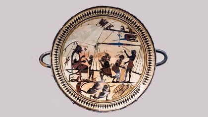 "Coppa di Arcesilao", Arcesilao che supervisiona il commercio di silfio, Kilyx, ca. 565-560 a.C.