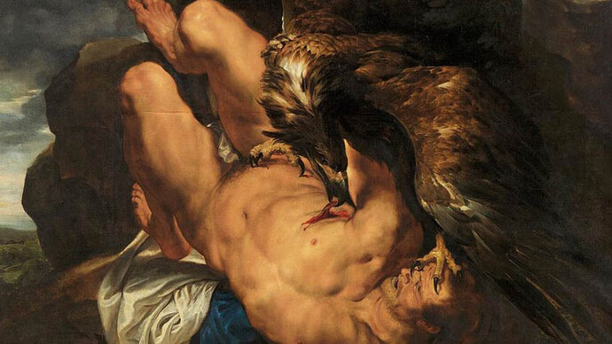 Rubens, "Prometeo incatenato". Nella leggenda, il fegato di Prometeo diviene l'epicentro di una punizione divina, simbolo della lotta tra il potere e l'impulso creativo umano