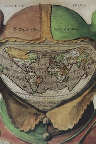 An anonymous world map in the visor of a fool's cap, Antwerp, c. 1590. The detail is apparently after Abraham Ortelius (c. 1587). Only a few examples of this rather disturbing image are known. (retrieved from The Mapmaker's Art: A History of Cartography by John Goss, pg. 341)  