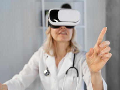 A doctor wears virtual reality goggles enhanced with AI technology, showcasing how artificial intelligence is transforming healthcare