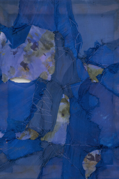 Boro Bound, 2015, Hand-dyed silk, straight pins
24 x 18 in. 
