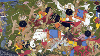 The Battle at Lanka, from the Ramayana by Sahibdin, portrays Rāma’s vānara army (top left) fighting Rāvaṇa, the demon-king of Lankā, to save the kidnapped Sītā. The scene also depicts Hanumān defeating the three-headed demon general Triṣira, shown at the bottom left