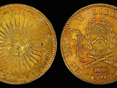 Moneda de ocho escudos de oro emitida en 1828 en las Provincias Unidas del Río de la Plata (Argentina).Colección Numismática Nacional, Museo Nacional de Historia Americana, EE. UU.
