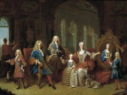 "La familia de Felipe V" (1743), Louis Michel van Loo: a la derecha de la composición se encuentra el futuro Carlos III 