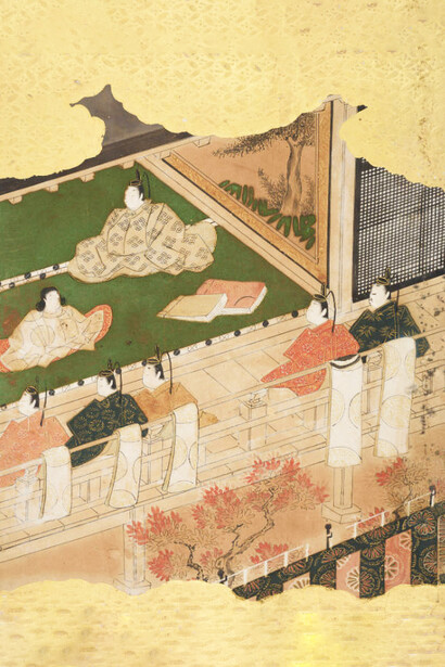 Un capítulo no identificado de El cuento de Genji, artista anónimo, siglos XVII-XVIII, tinta, color y pintura dorada sobre papel