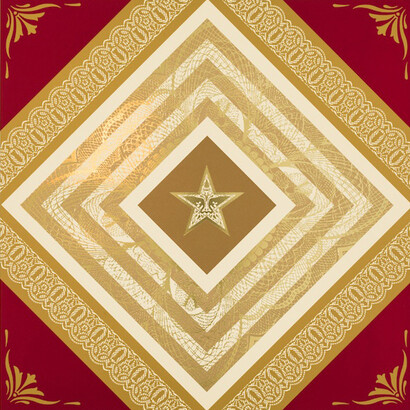 Shepard Fairey, Power and Glory I, 2014, Silkscreen and gold foil block on Somerset Tub sized 410gsm, 27 x 27 in / 69 x 69 cm, Edition of 75, Signed and numbered by the artist, courtesy of Eleven, London 
