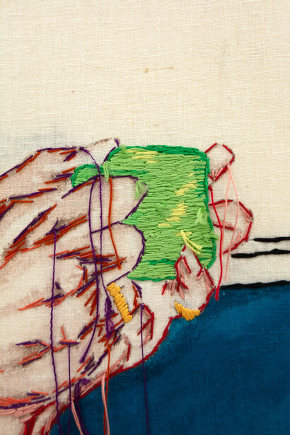 Zoe Buckman,
in full command of every plan you wrecked (detail), 2024,
Ink, acrylic & hand embroidery on vintage textile,
62 1/2 x 46 in,.
158.8 x 116.8 cm. Courtesy of the artist and VSF