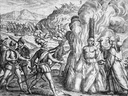 Théodore de Bry; Abuso de los indios por parte de los españoles. Quemado en la hoguera por un sacerdote católico