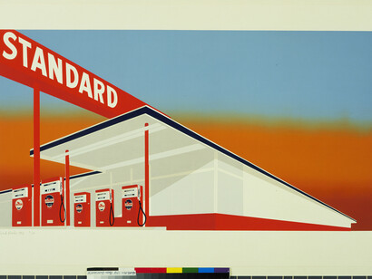 Edward Ruscha (b. 1937), Standard Station. Colour screen print, 1966. The Museum of Modern Art, New York/Scala, Florence.© Ed Ruscha. Reproduced by permission of the artist.