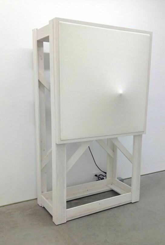 Norio Imai, White Event IV – Wall, 1966, 47 ½ x 23 x 71 2/3 inches, 120 x 58.3 x 182 cm - Wood, rubber, motorized mechanism