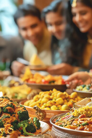 A family is enjoying a delightful meal of Indian cuisine, savoring the rich flavors and variety of traditional dishes together