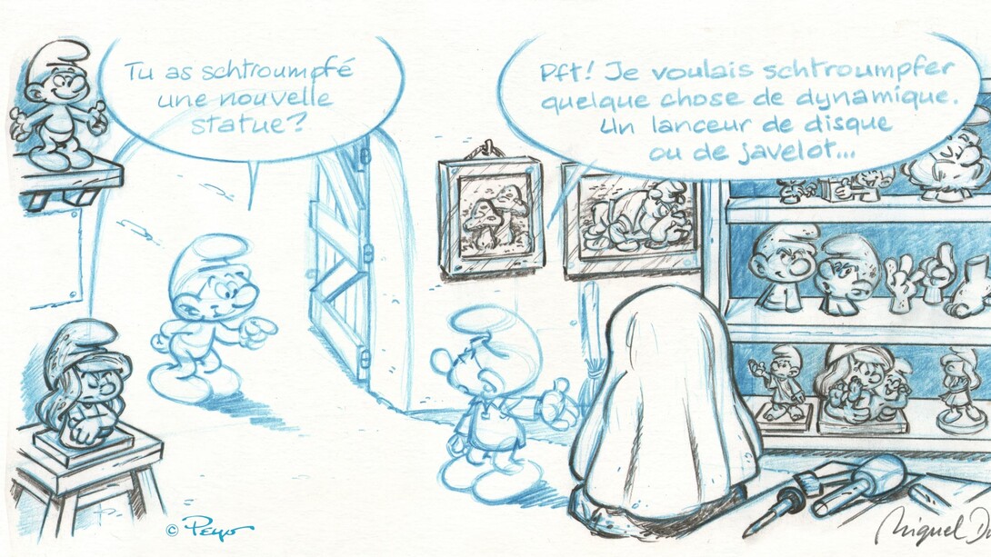 Miguel Díaz Vizoso, Atelier du Schtroumpf sculpteur, album 42. Avec la courtoisie de MILL, Musée Ianchelevici La Louvière