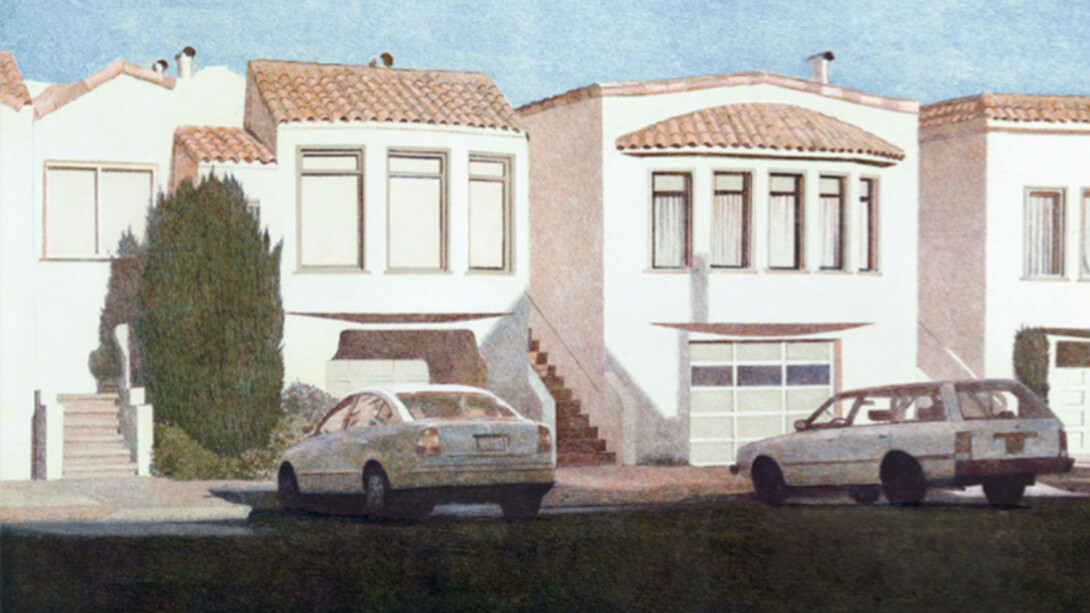 Robert Bechtle, Three Houses on Pennsylvania Avenue, 2011. Courtesy of Crown Point Press