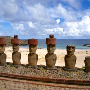 Image of Moai with their pukao (top-knots): Adam Stanford © Aerial-Cam Ltd for RNLOC