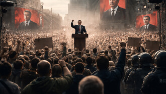 A powerful leader addresses a tightly packed crowd as towering screens amplify his image—an unsettling portrait of modern authority fueled by spectacle and collective surrender