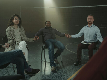 A group therapy session focused on OCD, where participants discuss their experiences and raise awareness through mental health-focused public speaking