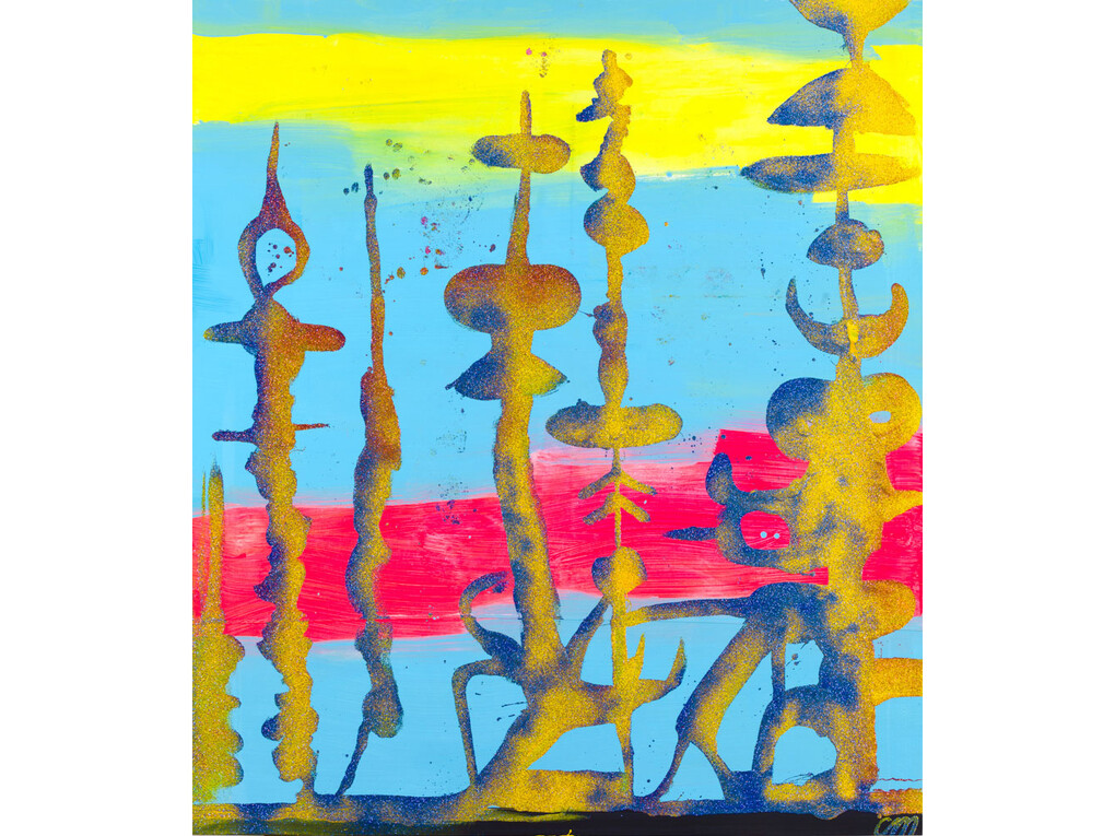 Chris Martin, Untitled, 2014,Acrylic, oil and glitter on canvas, 88 x 77 inches (223.5 x 195.6 cm). Courtesy of the artist and Anton Kern Gallery, New York