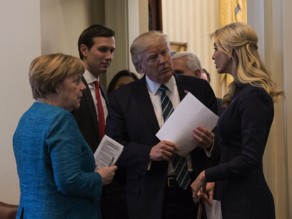 On March 17, 2017, at the White House, President Donald Trump met with German Chancellor Angela Merkel in the outer Oval Office, joined by Senior Advisor Jared Kushner and Ivanka Trump