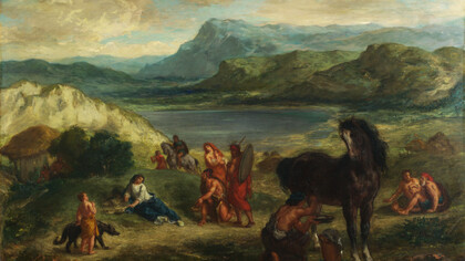 Eugène Delacroix (1798–1863) Ovidio entre los escitas, 1859. Óleo sobre lienzo, The National Gallery, Londres, Inglaterra. Los escitas han siempre sido añorados por los hombres por su arte guerreto
