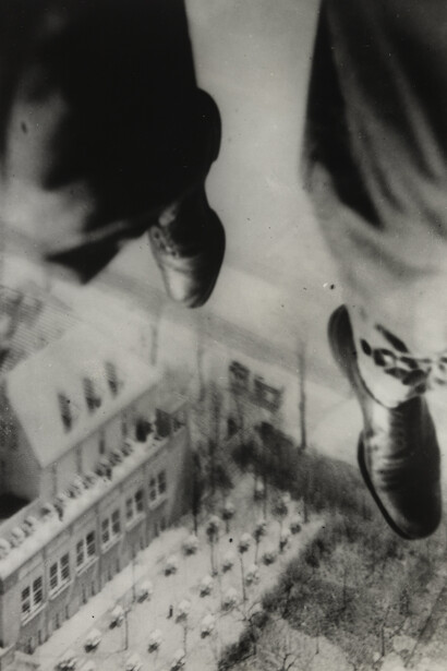 Willi Ruge (German, 1882-1961). Seconds before Landing from the series I Photograph Myself during a Parachute Jump. 1931. Gelatin silver print. 8 1/16 × 5 9/16″ (20.4 × 14.1 cm). The Museum of Modern Art, New York. Thomas Walther Collection. Gift of Thomas Walther