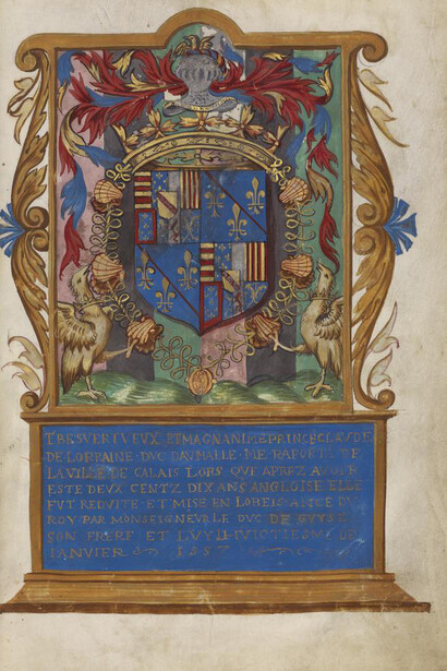 Frontispiece with Coat of Arms of Claude de Lorraine, Duke of Aumale from Chronicle of Normandy, about 1557, French, artist unknown. The J. Paul Getty Museum