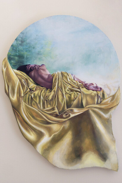 Tanya Gomelskaya often includes intricate tattoo designs to add personal stories to her paintings