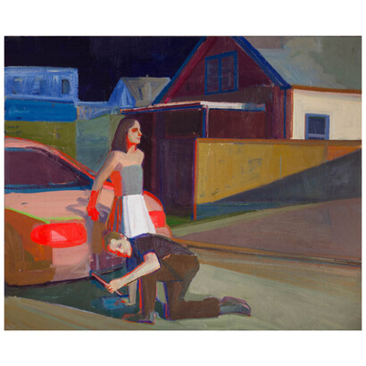 Hiroshi Sato, Swapping Plates, 46x56 inches, oil on canvas, 2023. Courtesy of the artist and Marrow Gallery