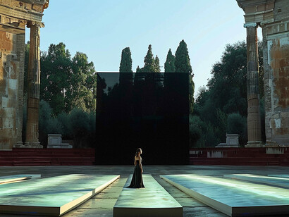 Immagine Midjourney rielaborata, nei teatri classici di Siracusa, Pompei e nel teatro Andromeda