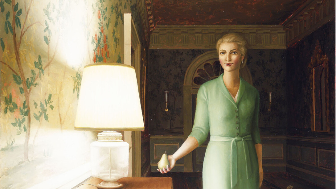 Harry Steen, Girl with pear, oil on canvas, 36 x 40 inches