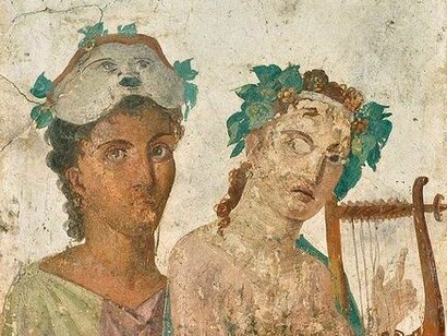 Afresco de Pompeia representando um homem com máscara e uma mulher tocando a lira