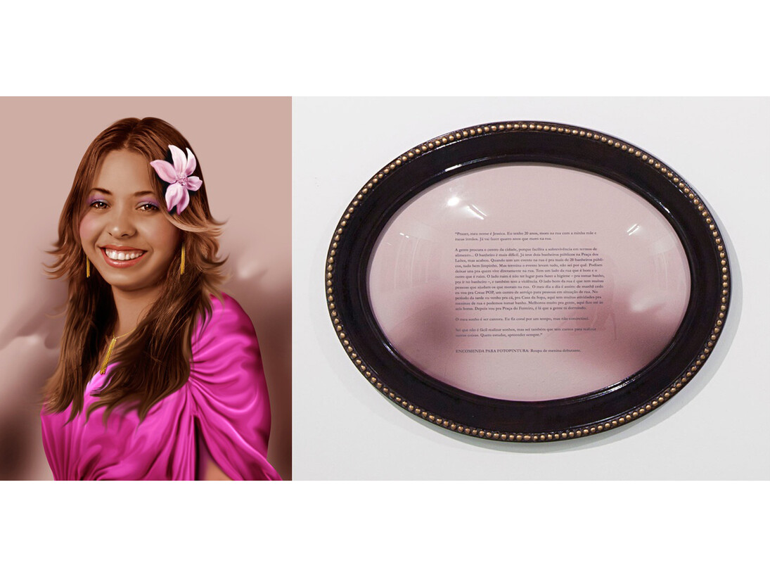 Virginia de Medeiros, jéssica from the series fábula do olhar, 2013, digital photopainting printed on cotton paper, framed text, audio installation. produced in collaboration with mestre júlio santos, variable dimensions