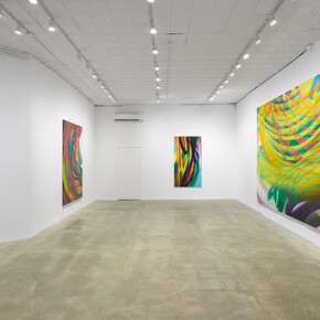Katharina Grosse, Pie sell, lee slip, eel lips, exhibition view. Courtesy of Gagosian