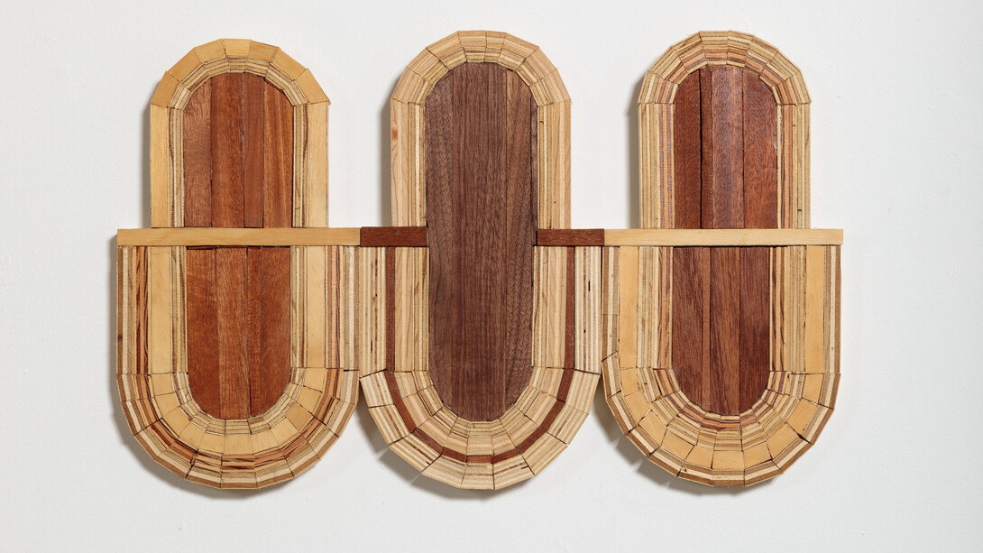 Stephanie Beck, Mosaic #2, 2022, wood, plywood, glue, mineral oil, 12 1/2x19 3/4x3/4 inches. Courtesy of Garvey|Simon Art