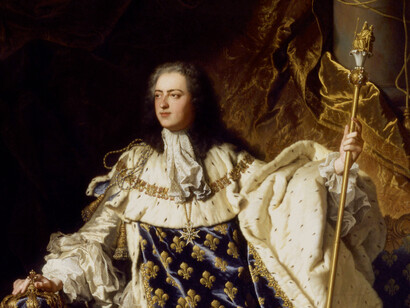 Luis XV por Hyacinthe Rigaud: Montesquieu defendía la separación de poderes y el papel de la nobleza ante el avance de las prerrogativas del monarca y la apuntalamiento del Estado absolutista