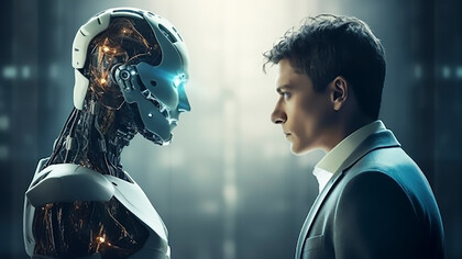 View of robot next to human businessperson