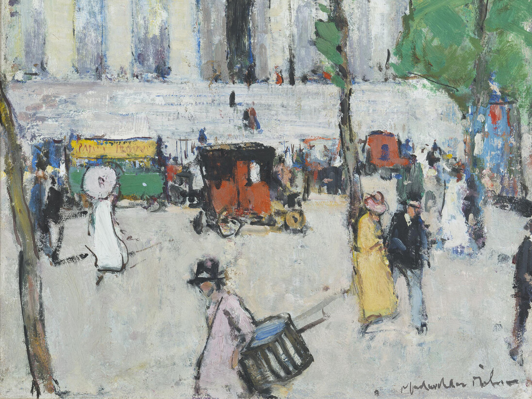 John Maclauchlan Milne, Place de la Madeleine, oil on board, H 14 3⁄4 x W 17 1⁄2 in (H 37 x W 44 cm)
