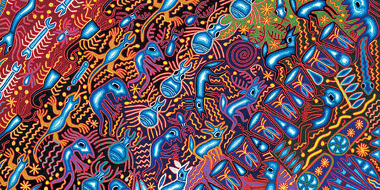 José Benítez Sánchez, "Nierika  and  Tukari (The Gifts of Vision and Life)" (detail), 2005. Yarn on wood. Artes de México collection.